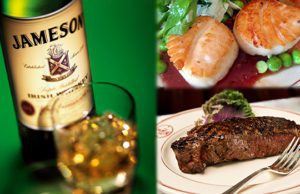 Three photos: Jameson whiskey bottle and glass, scallops, steak.