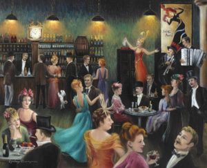 Painting of men and women dancing and carousing at a bar.