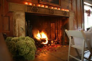 Lodge fireplace.